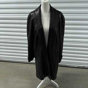 Vintage Vakko Leather Coat Womens M Black Vintage USA Shawl Collar Long Jacket